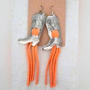 Hand-crafted Silver Cowboy Boot Earrings with Orange Fringe. 2 Inches